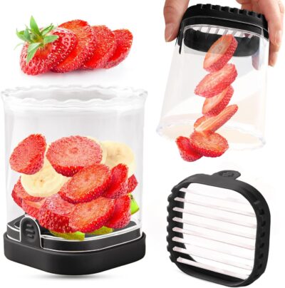 Strawberry & Fruit Slicer with Push Plate – Detachable, Easy-Clean Cutter for Perfect Slices in Seconds | Kitchen Prep Tool (Black)